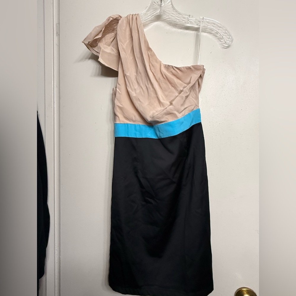 Minuet One Shoulder Colorblock Dress Silk Beige Black Blue Size Small